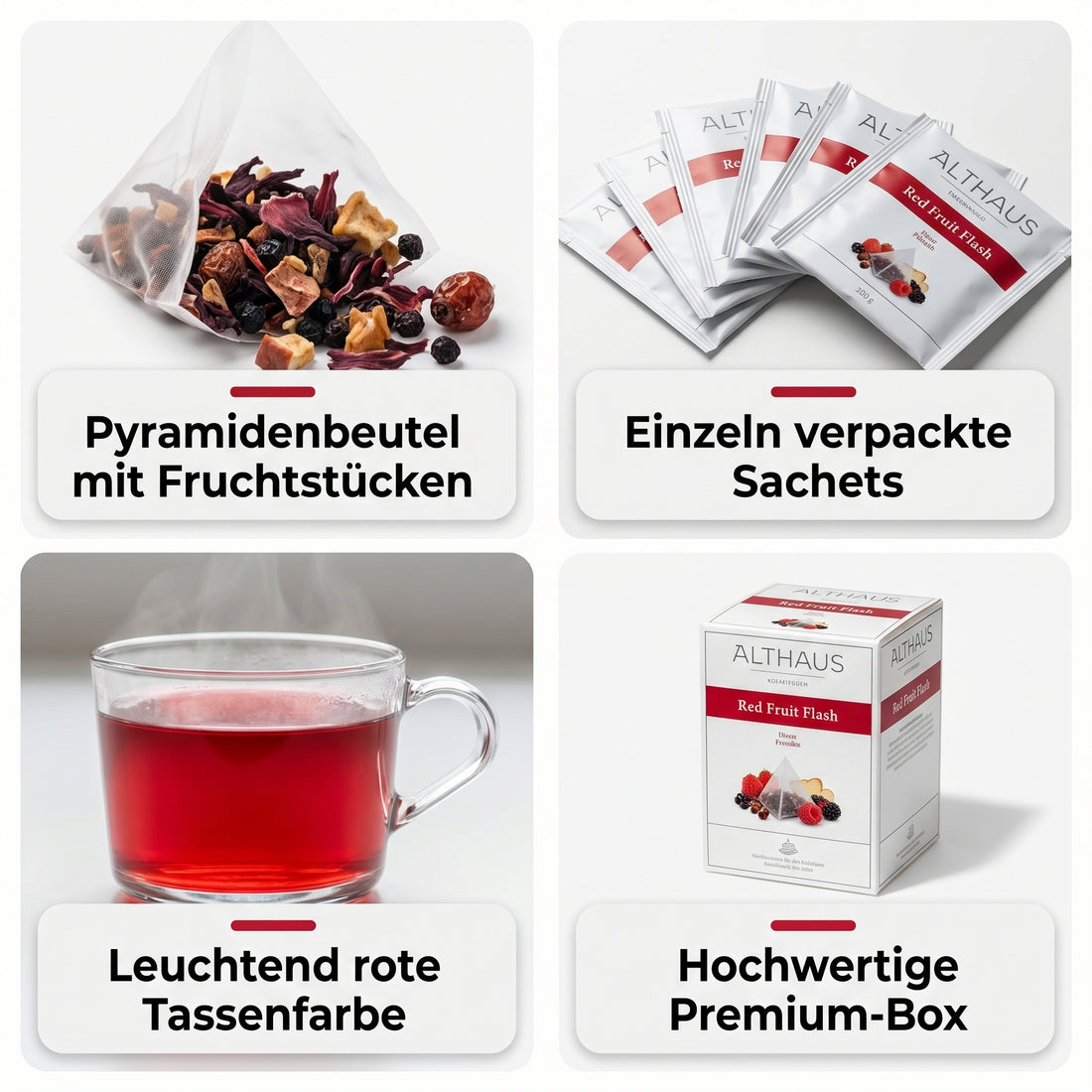 Althaus Früchtetee Red Fruit Flash, aromatisierte Fruchtinfusion in Pyramiden-Teebeuteln, einzeln verpackt, abbaubare Pyra-Packs, rote Tassenfarbe, Blended & Packed in Germany