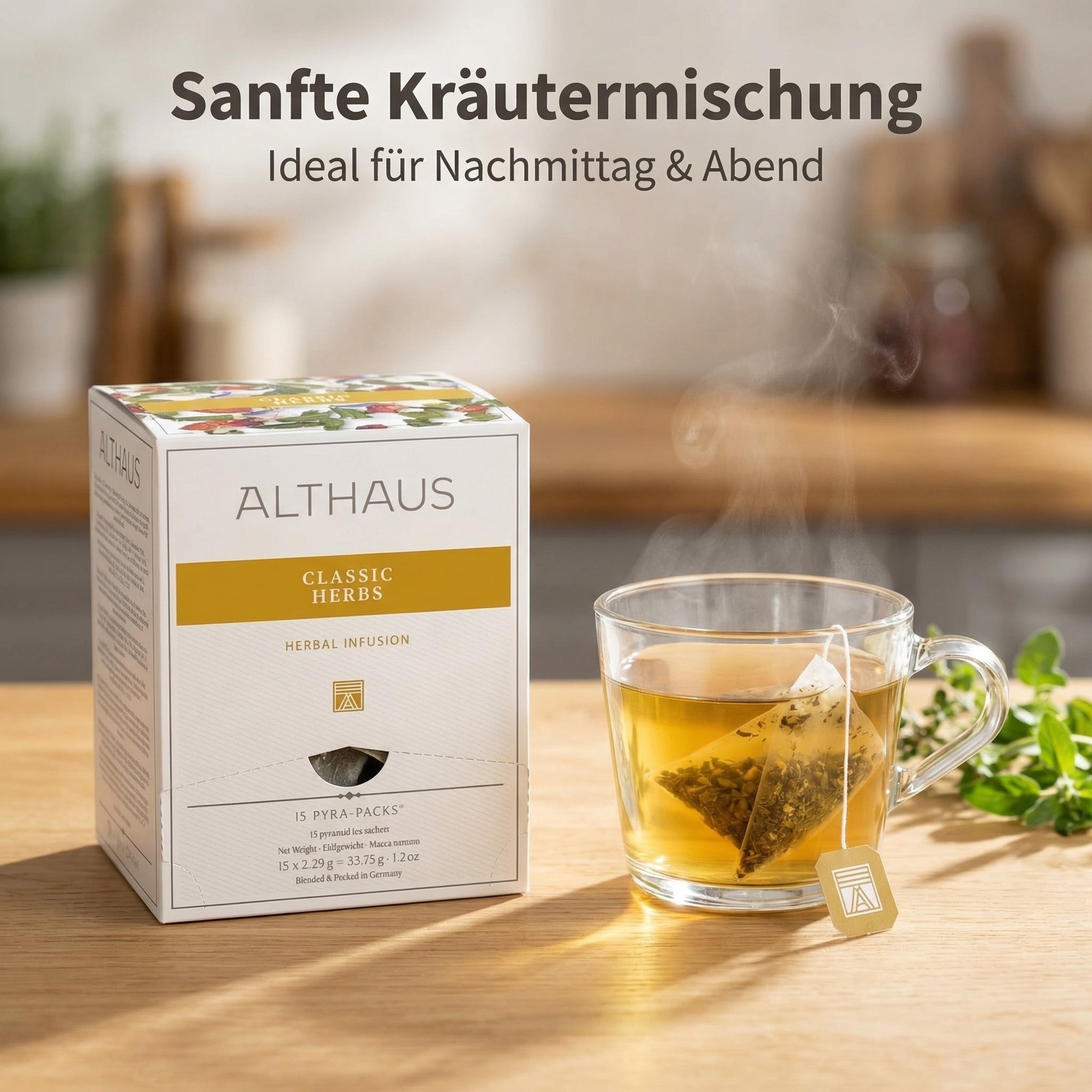 ALTHAUS Kräutertee Classic Herbs, koffeinfrei im Pyramidenbeutel, Pfefferminze-Kamille-Salbei harmonisch abgestimmt, 15 × 2,25 g = 33,75 g, in Deutschland gemischt & verpackt