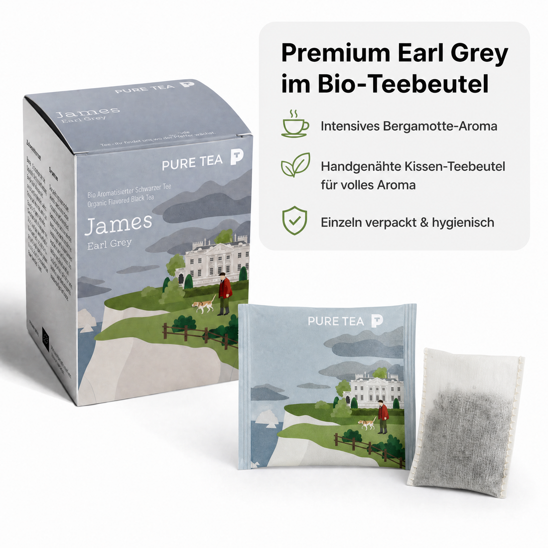 Pure Tea James Earl Grey Teebeutel, Bio-Schwarztee mit Bergamotte, aromatisierter schwarzer Tee im Kissenbeutel, einzeln verpackt in eleganter Dispenserbox, britischer Afternoon-Tea-Genuss