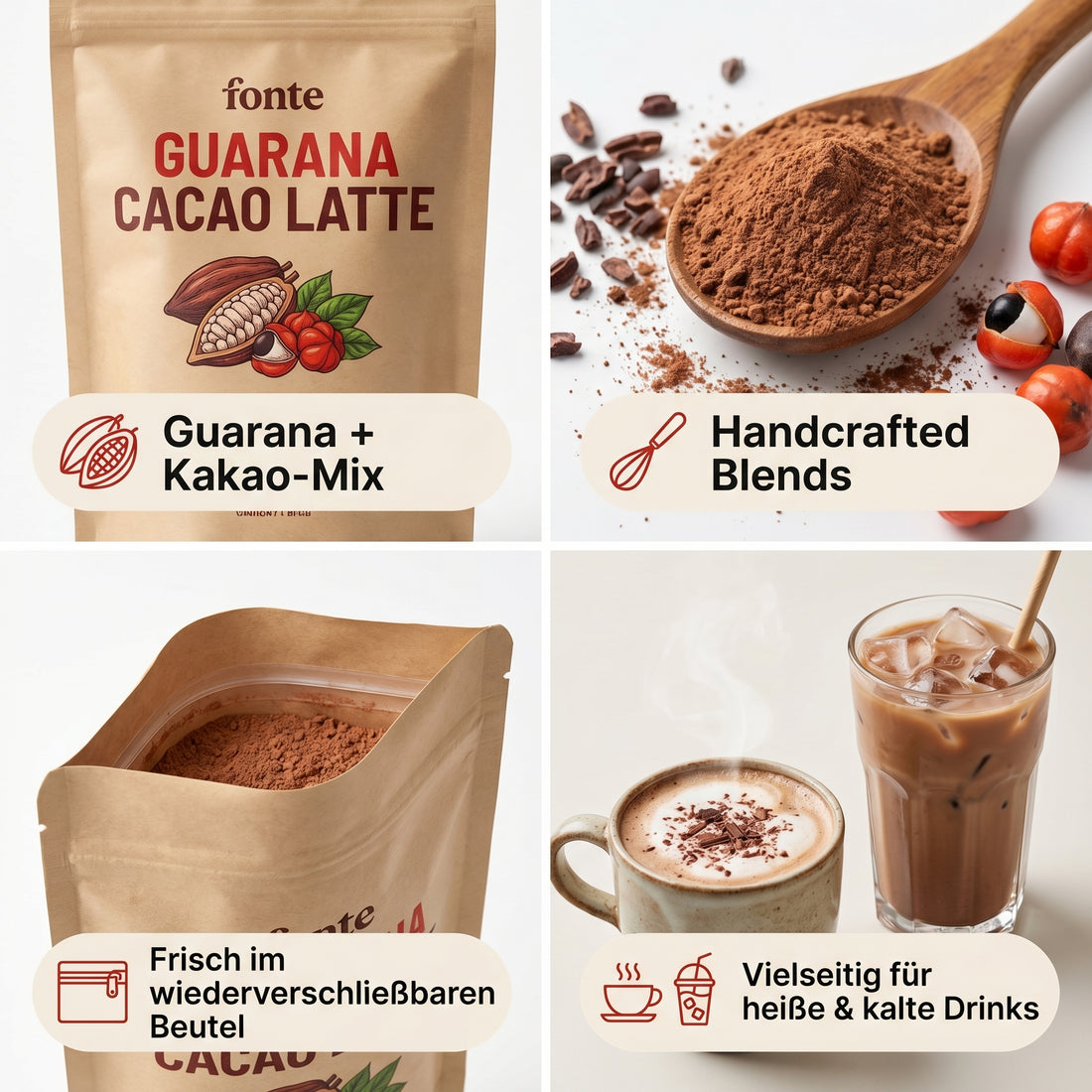 Fonte Guarana Cacao Latte, veganes Getränkepulver für schokoladigen Latte-Genuss, heiß & kalt anrührbar, 300 g = 15 Portionen, Guarana Kakao Latte, Kakao Latte Pulver, 100% vegan