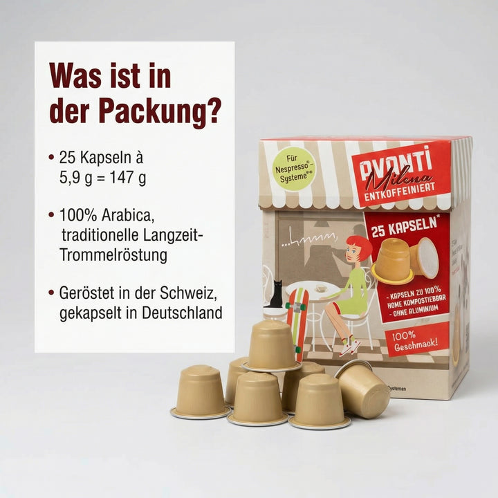 AVANTI Entkoffeinierte Nespresso**-kompatible Kaffeekapseln – Espresso Milena, Swiss Water Process, 100% Arabica, 100% home-kompostierbar & ohne Aluminium, geröstet in der Schweiz, 25 Kapseln