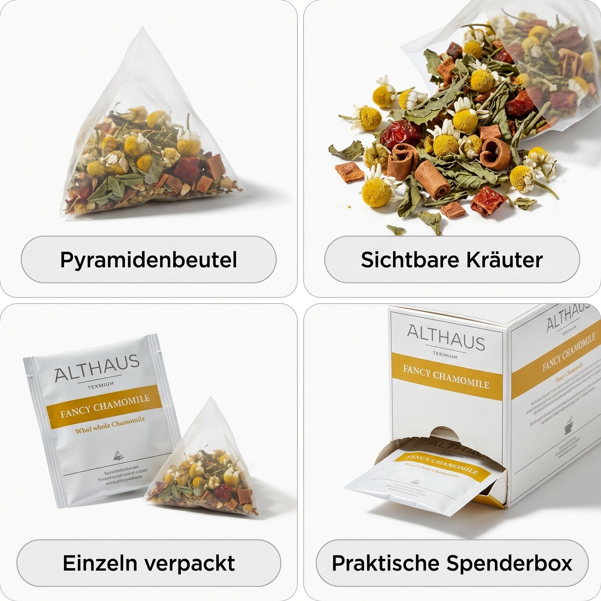 Althaus Kamillentee Fancy Chamomile, Kräutertee im Pyramidenbeutel mit Zitronenverbene, Hagebutte & Zimt, koffeinfrei, 100% abbaubare Beutel, in Deutschland gemischt & verpackt