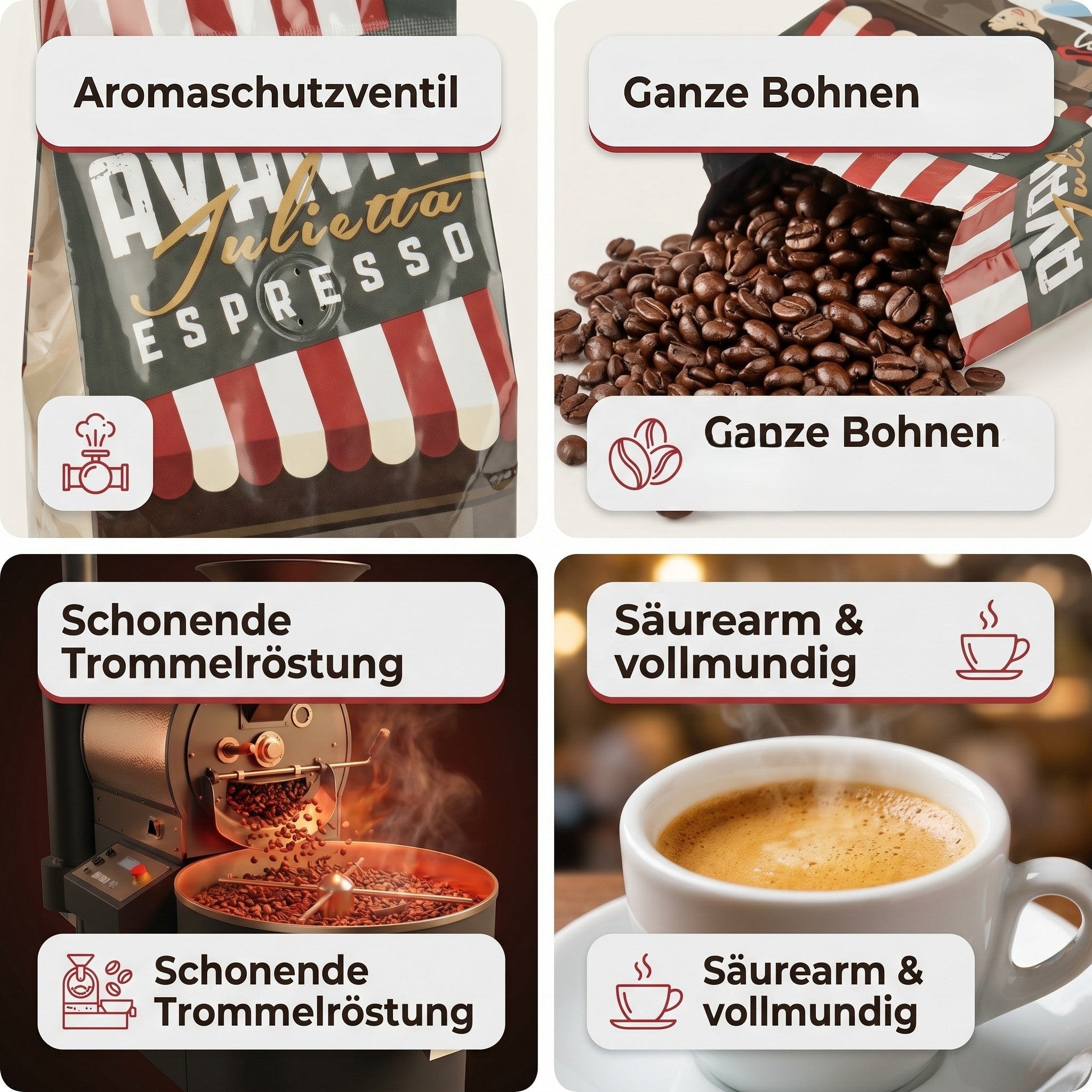 AVANTI Espresso Bohnen Julietta, Espressobohnen 500g – säurearm, Medium Dark Roast, Trommelröstung, 70% Arabica 30% Robusta, geröstet in Italien, ganze Kaffeebohnen mit dichter Crema