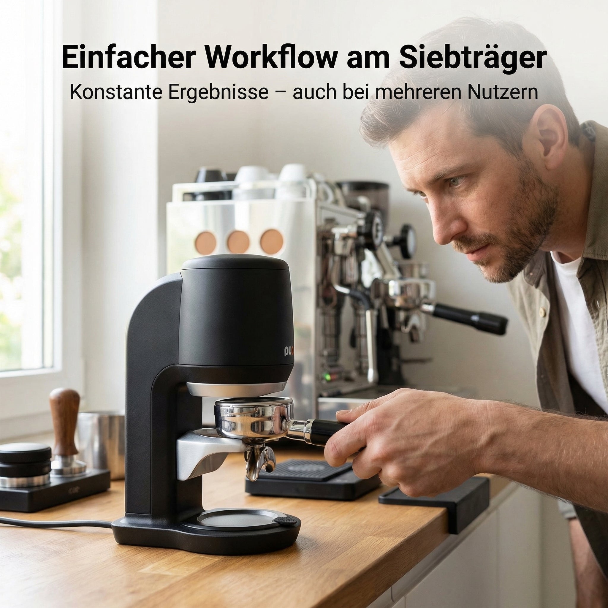 Puqpress Mini Automatischer Espresso Tamper, Schwarz, 58mm, Gen 6, Einstellbarer Druck 10-30 kg, auch für Heimgebrauch