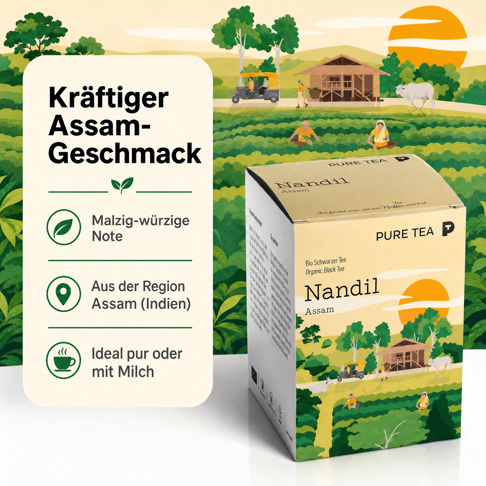 Pure Tea Nandil Bio Schwarzer Tee Assam, 15 Kissenbeutel à 3 g, Kräftiger, malzig-würziger Assam-Schwarztee in einzeln verpackten Kissen-Teebeuteln