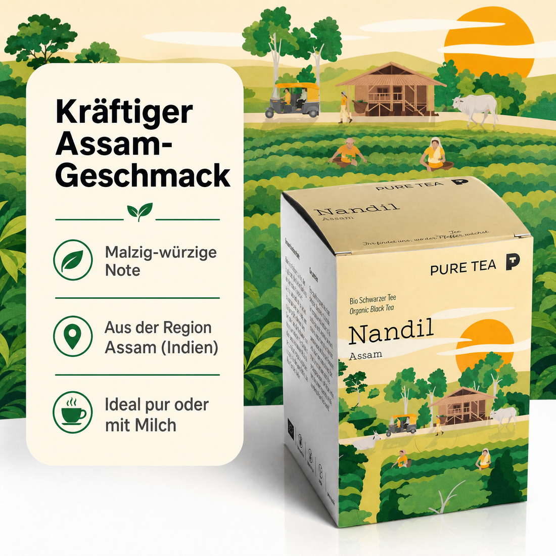 Pure Tea Nandil Bio Schwarzer Tee Assam, 15 Kissenbeutel à 3 g, Kräftiger, malzig-würziger Assam-Schwarztee in einzeln verpackten Kissen-Teebeuteln