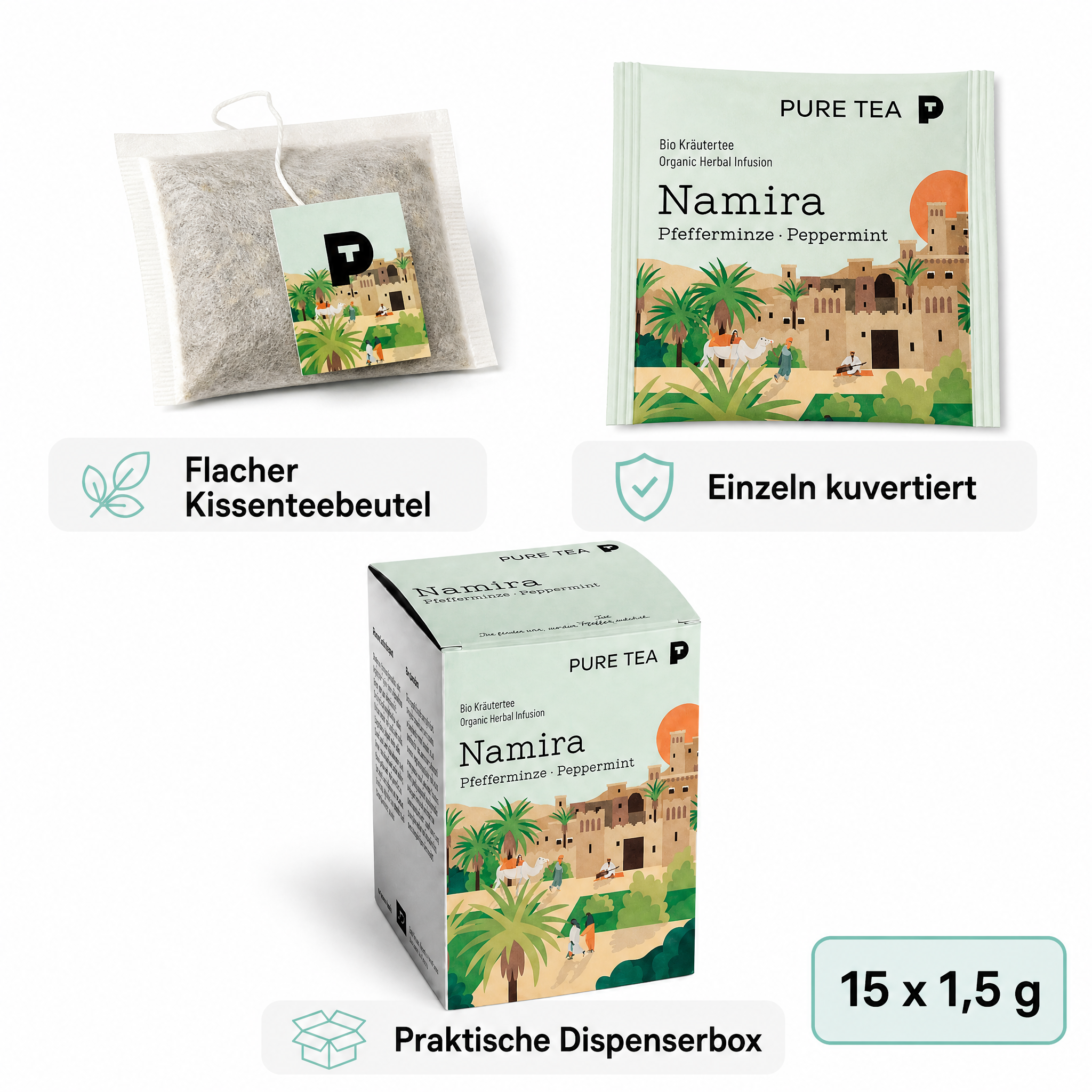 PURE TEA Namira Bio-Pfefferminztee, Kräutertee, 15 Kissenbeutel einzeln verpackt, Dispenserbox 12 x 9 x 9 cm, koffeinfrei, aus biologischem Anbau, mit nordafrikanischem Landschaftsmotiv
