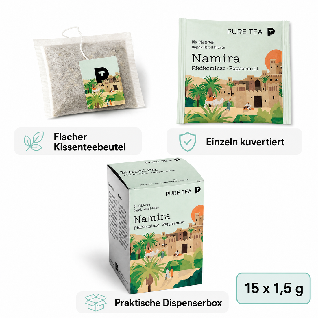 PURE TEA Namira Bio-Pfefferminztee, Kräutertee, 15 Kissenbeutel einzeln verpackt, Dispenserbox 12 x 9 x 9 cm, koffeinfrei, aus biologischem Anbau, mit nordafrikanischem Landschaftsmotiv