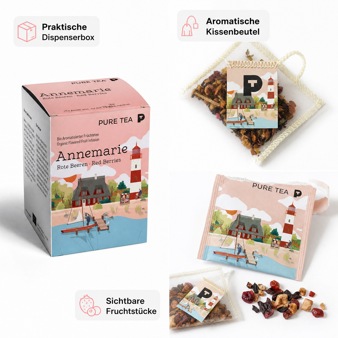 Pure Tea Früchtetee Bio Annemarie Beeren & Vanille, 15 Teebeutel à 3,5 g, aromatisierter Bio-Früchtetee, koffeinfrei & glutenfrei, EU‑Bio (PL‑EKO‑01), Dispenserbox