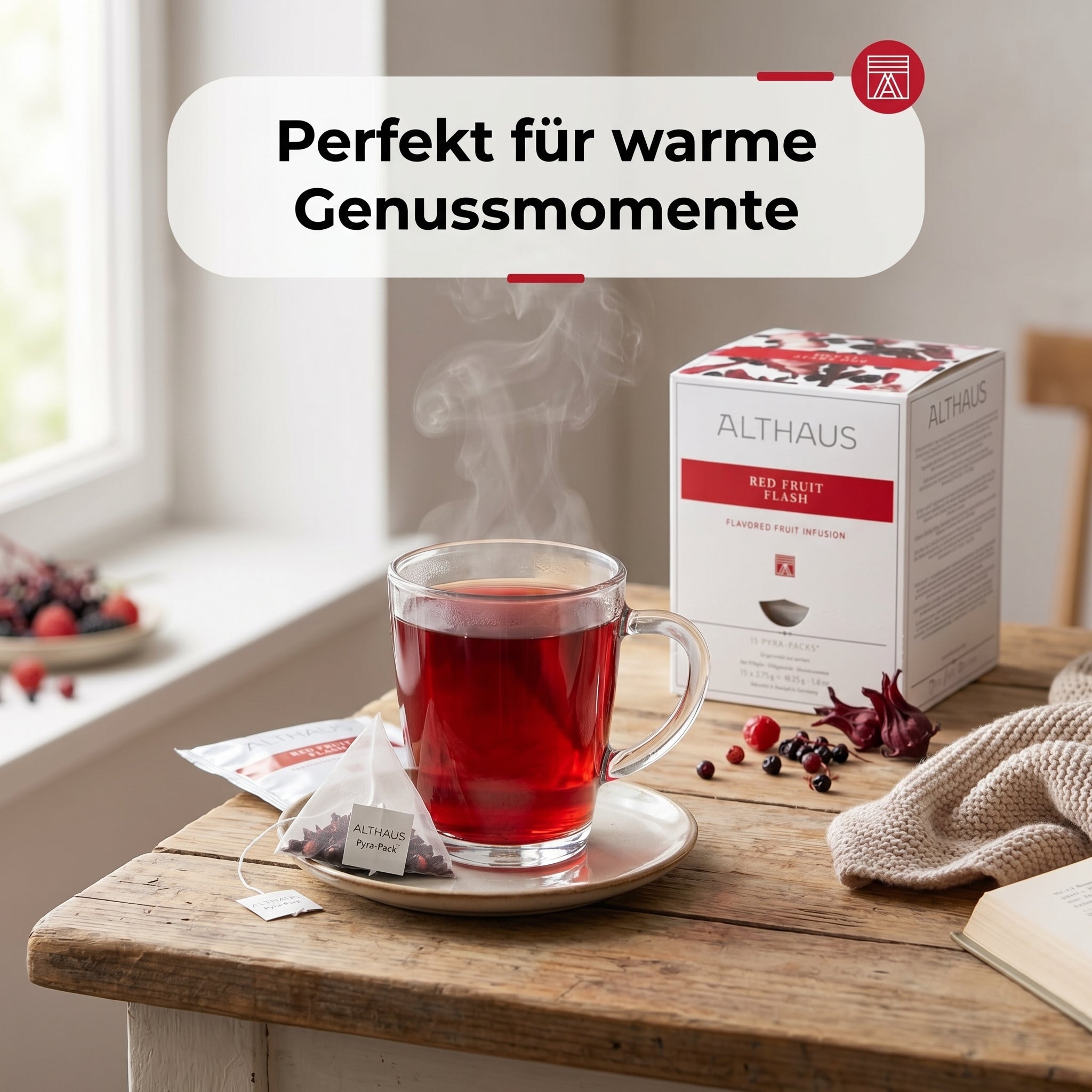 Althaus Früchtetee Red Fruit Flash, aromatisierte Fruchtinfusion in Pyramiden-Teebeuteln, einzeln verpackt, abbaubare Pyra-Packs, rote Tassenfarbe, Blended & Packed in Germany