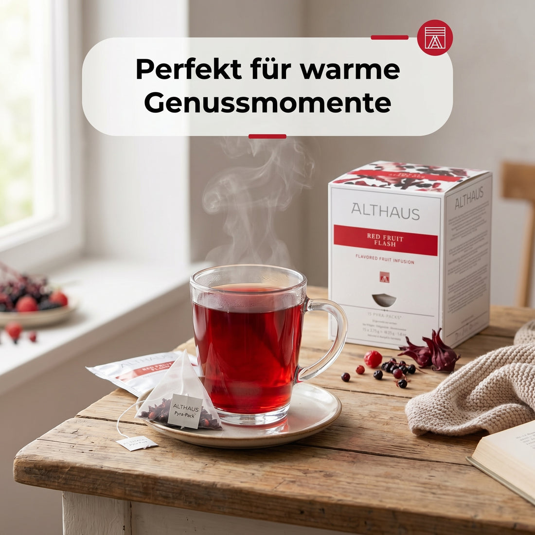 Althaus Früchtetee Red Fruit Flash, aromatisierte Fruchtinfusion in Pyramiden-Teebeuteln, einzeln verpackt, abbaubare Pyra-Packs, rote Tassenfarbe, Blended & Packed in Germany