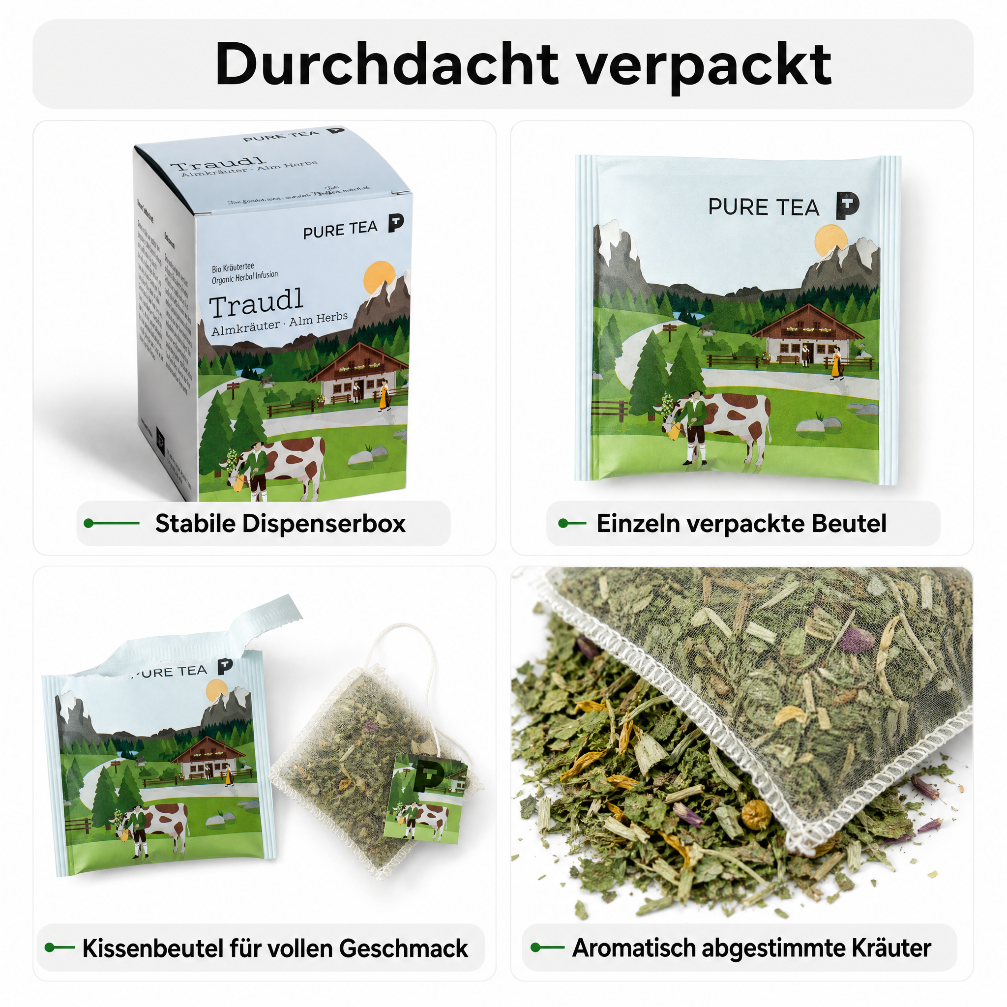 PURE TEA Traudl Bio Kräutertee Almkräuter, koffeinfreier Alpenkräuter Tee als Kräutermischung mit Spitzwegerich, Apfelminze & Melisse, einzeln verpackte Kissenbeutel in Dispenserbox