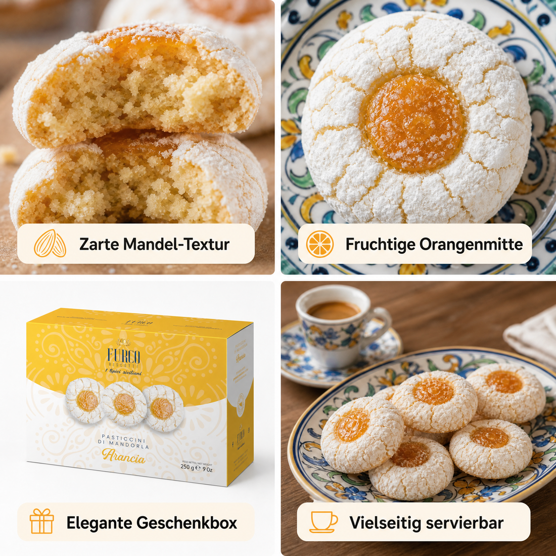 Furco Mandelgebäck Pasticcini di Mandorla Arancia, Italienische Kekse mit Orange, Sizilianisches Gebäck in Geschenkbox, Amarettini, Hergestellt in Italien, 250 g
