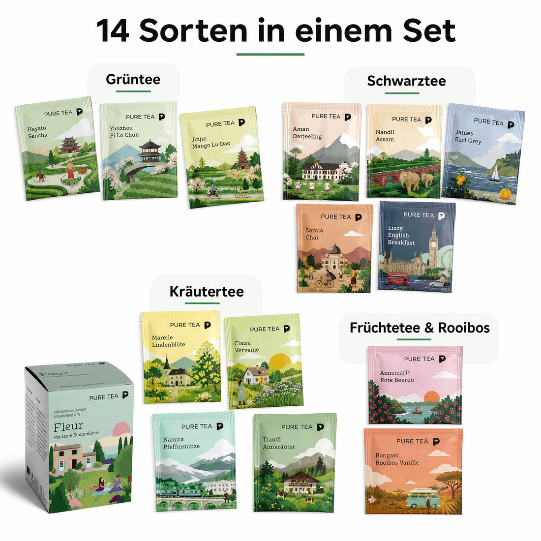 Pure Tea Bio Tee Geschenkset FLEUR Auswahlbox, Premium Tee Set als Probierbox mit Grüntee, Schwarztee, Kräutertee und Früchtetee, handgenähte Kissen-Teebeutel, einzeln verpackt, geschenkfähige Box