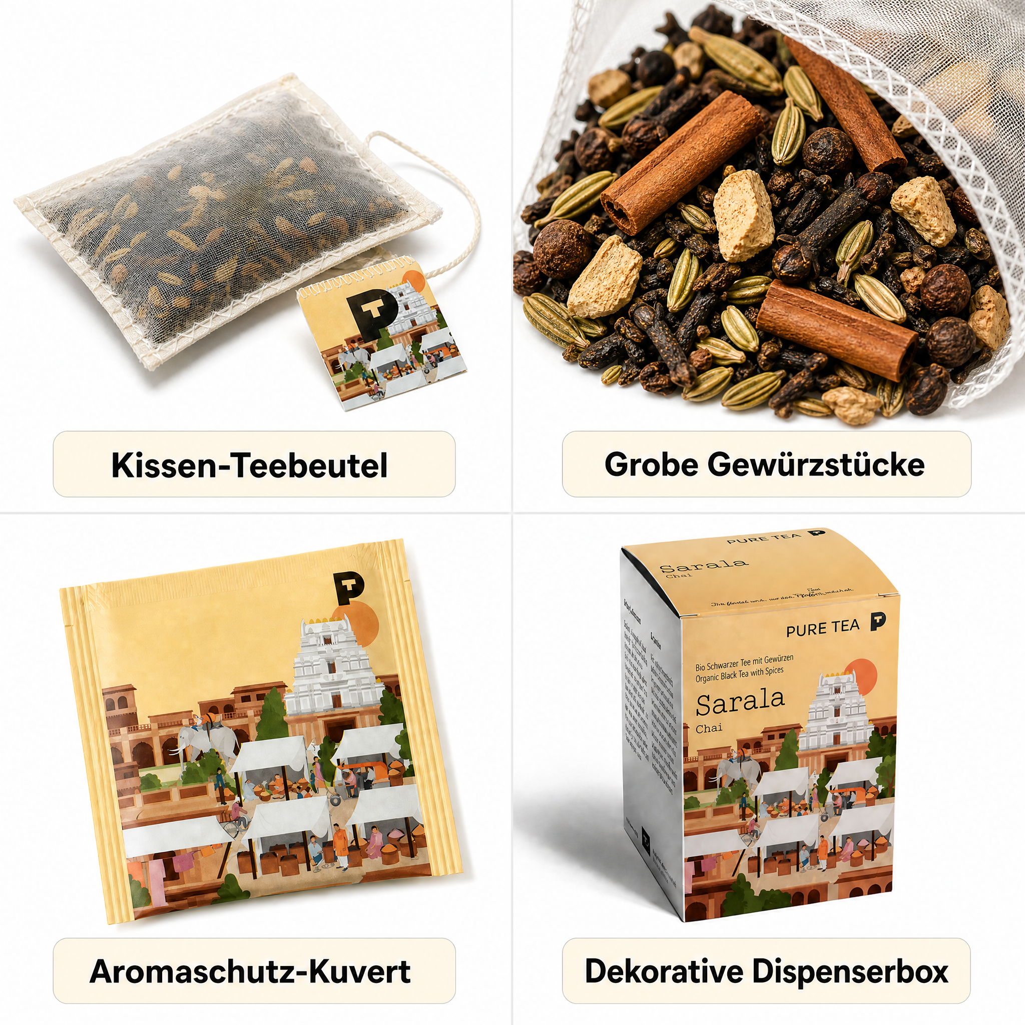 Pure Tea Chai Tee Sarala Chai, Bio-Schwarztee als Gewürztee mit Zimt, Fenchel, Ingwer, Nelken & Anis, Pyramiden-Teebeutel, einzeln verpackt in Dispenserbox, 12 x 9 x 9 cm