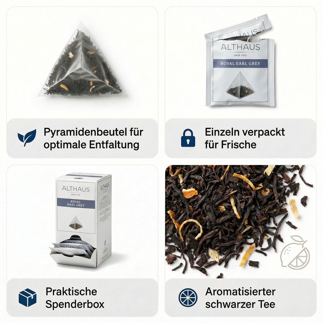 Althaus Earl Grey Teebeutel Royal Earl Grey, aromatisierter Schwarzer Tee mit Bergamotte, Pyramiden-Teebeutel einzeln verpackt, premium Schwarztee, Blended & Packed in Germany, elegante Spenderbox