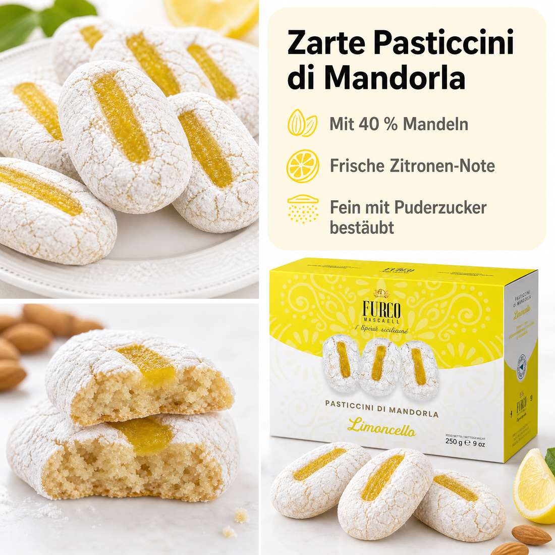 Furco Kekse Pasticcini di Mandorla Limoncello, italienische Mandelgebäck-Spezialität mit Zitrone und Puderzucker, weiches sizilianisches Gebäck in gelb‑weißer Geschenkbox, 250 g