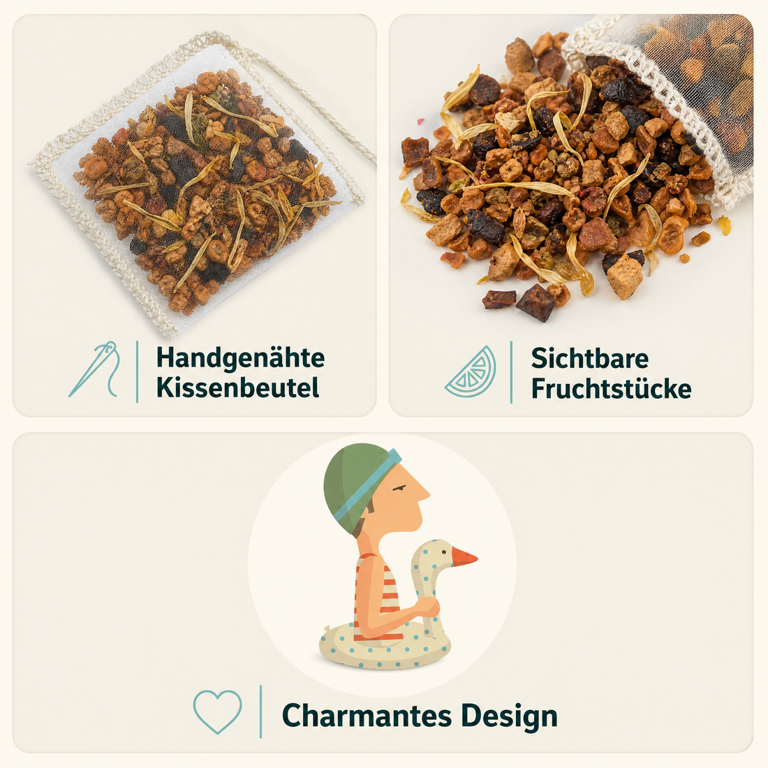 Trink Meer Tee Bio Früchtetee Nichtschwimmer, aromatisiert mit Holunder, Orange und Vanille, handgenähte Kissenbeutel, koffeinfrei, vegan und glutenfrei, zertifiziert, 15 Kissenteebeutel