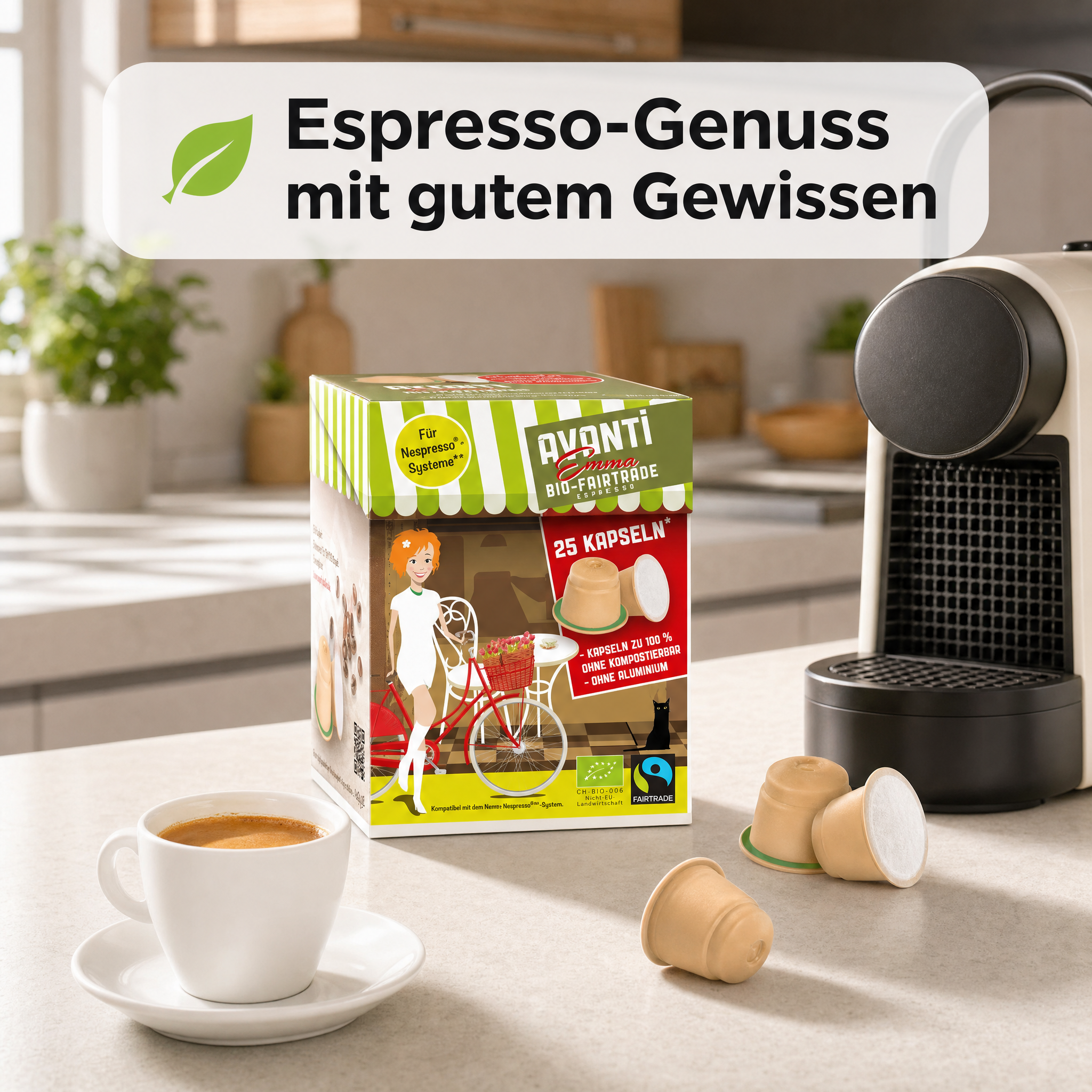 Avanti Kapseln Bio & Fairtrade Espresso EMMA, kompatibel mit Nespresso Kaffeekapseln, kompostierbar & ohne Aluminium, 80% Arabica/20% Robusta, mittel-dunkle Röstung, geröstet in der Schweiz