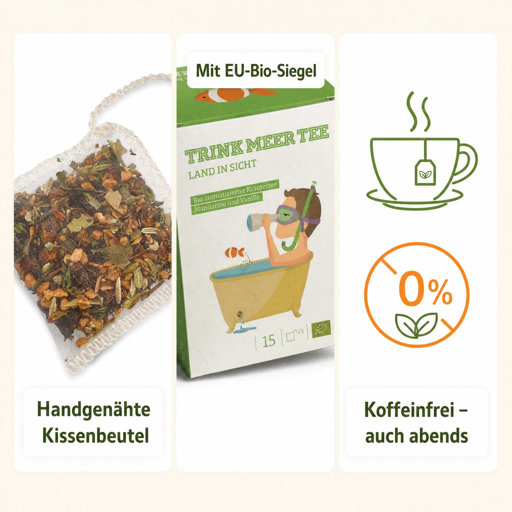 Trink Meer Tee Bio Kräutertee Mandarine Vanille, 15 Kissenbeutel, Fruchtiger Premium Früchtetee mit Sanddorn, Fenchel & Melisse – handgenähte Kissenbeutel
