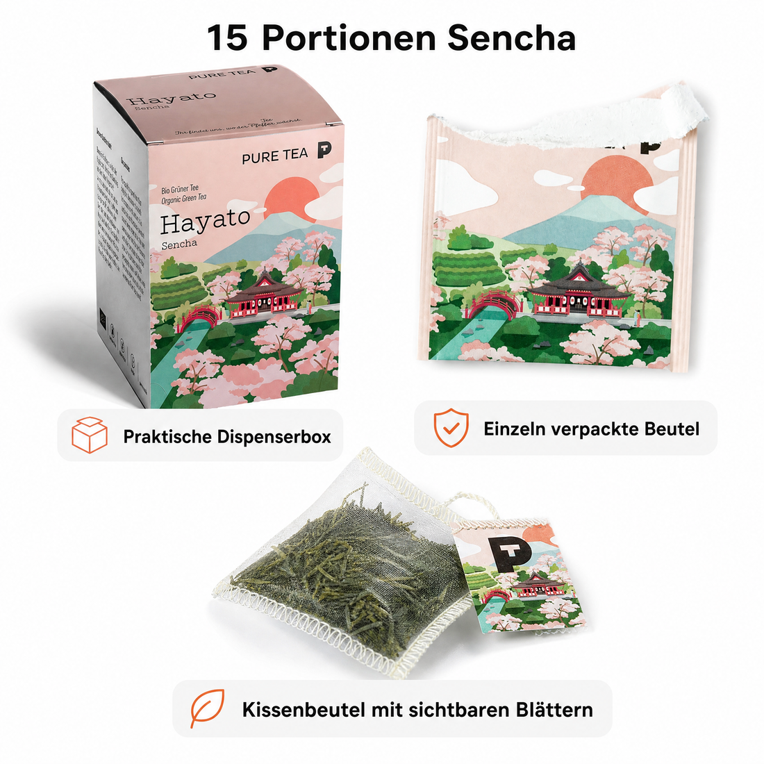 Pure Tea Grüner Tee Sencha Hayato, japanischer Bio Grüntee im Kissenbeutel, 15 Beutel à 3 g, Premiumqualität, Dispenserbox, frisch-duftiges Aroma