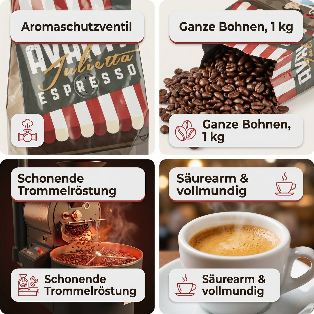AVANTI Espresso Bohnen Julietta, Espressobohnen 1kg – säurearm, Medium Dark Roast, Trommelröstung, 70% Arabica 30% Robusta, geröstet in Italien, ganze Kaffeebohnen mit dichter Crema