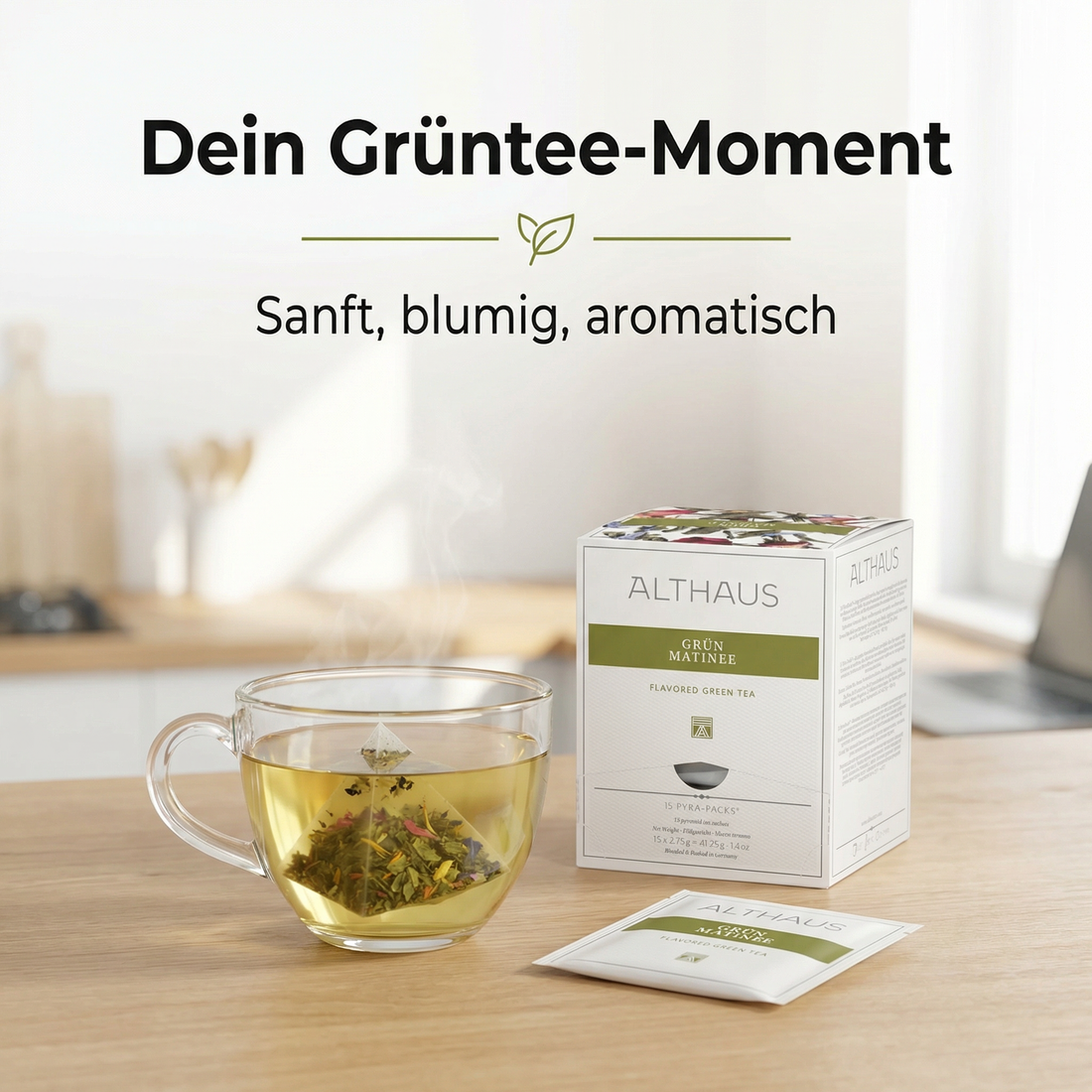 ALTHAUS Grüner Tee Grün Matinee, aromatisierter Sencha Tee mit Blüten, 15 Pyramiden-Teebeutel, einzeln verpackt, 41,25 g, 100 % biologisch abbaubare Beutel, in Deutschland gemischt & verpackt