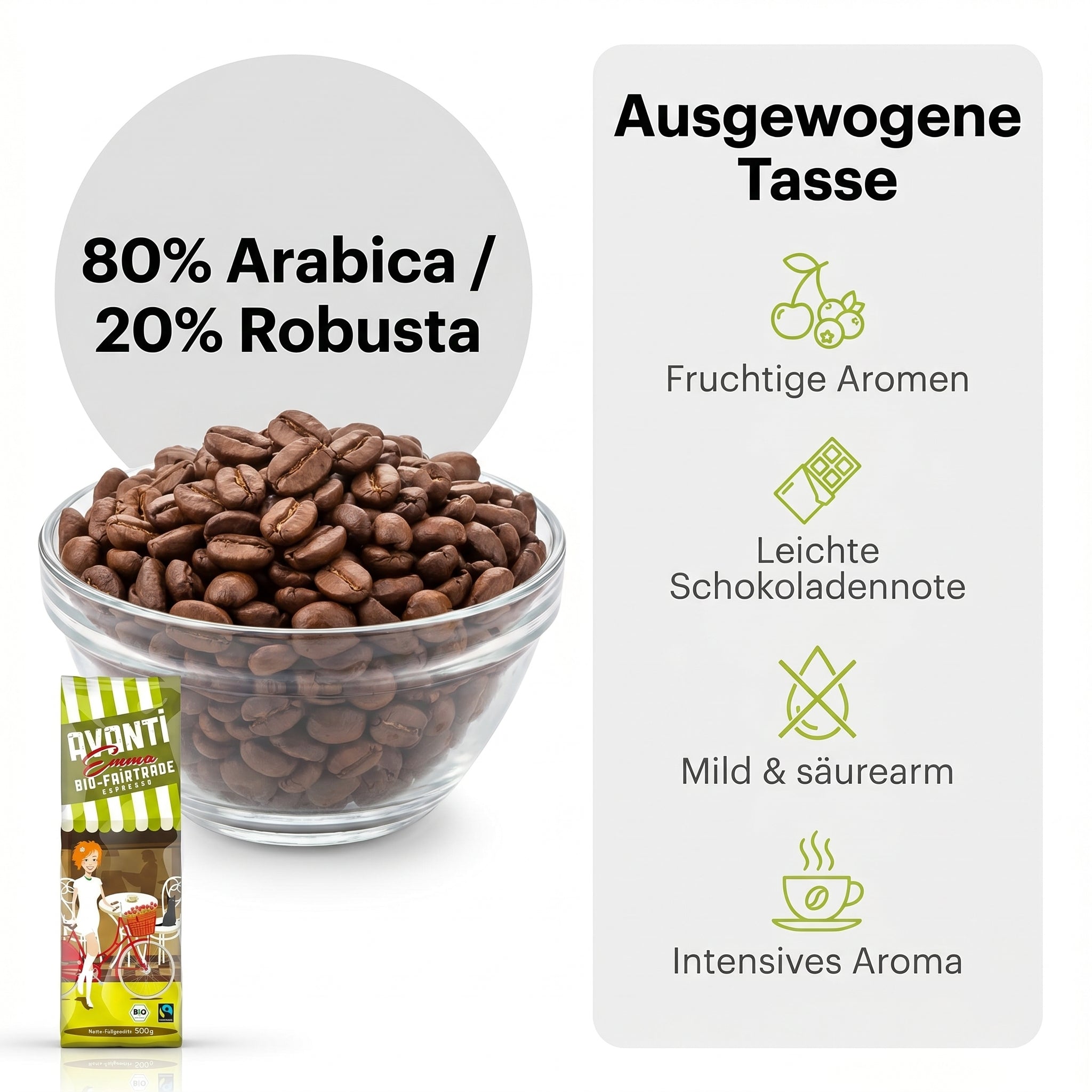 AVANTI Emma Kaffeebohnen, Bio Fairtrade Espresso, ganze Bohnen 500 g, 80% Arabica 20% Robusta, säurearme Langzeit-Trommelröstung (mitteldunkel), Schweizer Röstung und Abfüllung