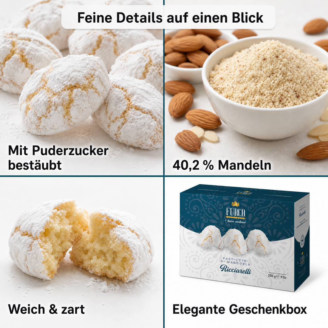 Furco Italienische Kekse Ricciarelli, Mandelgebäck mit Puderzucker, weiche zarte Textur, elegante Geschenkbox, italienisches Gebäck zu Kaffee & Tee, 250 g