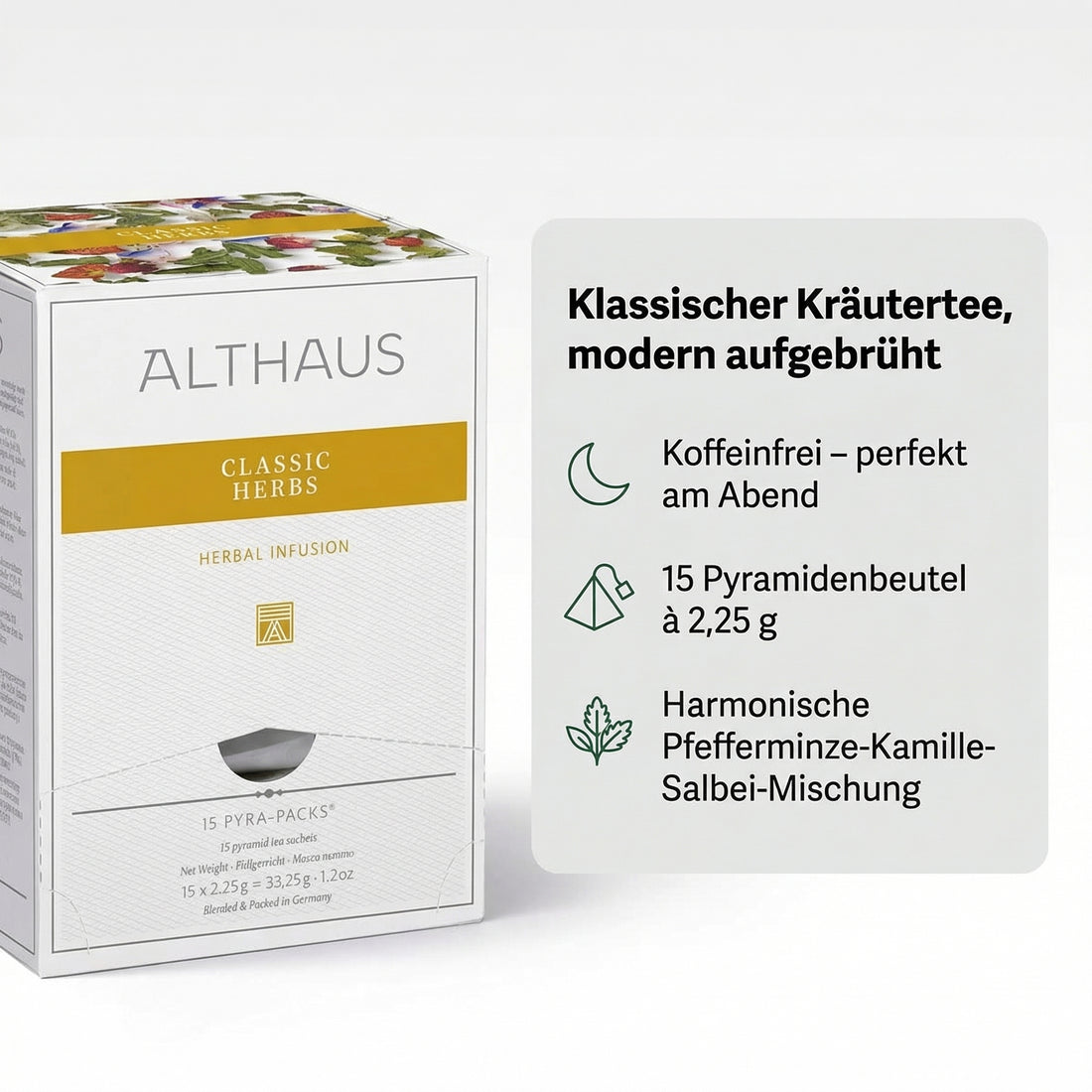 ALTHAUS Kräutertee Classic Herbs, koffeinfrei im Pyramidenbeutel, Pfefferminze-Kamille-Salbei harmonisch abgestimmt, 15 × 2,25 g = 33,75 g, in Deutschland gemischt & verpackt