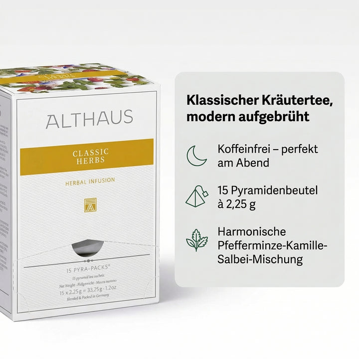 ALTHAUS Kräutertee Classic Herbs, koffeinfrei im Pyramidenbeutel, Pfefferminze-Kamille-Salbei harmonisch abgestimmt, 15 × 2,25 g = 33,75 g, in Deutschland gemischt & verpackt