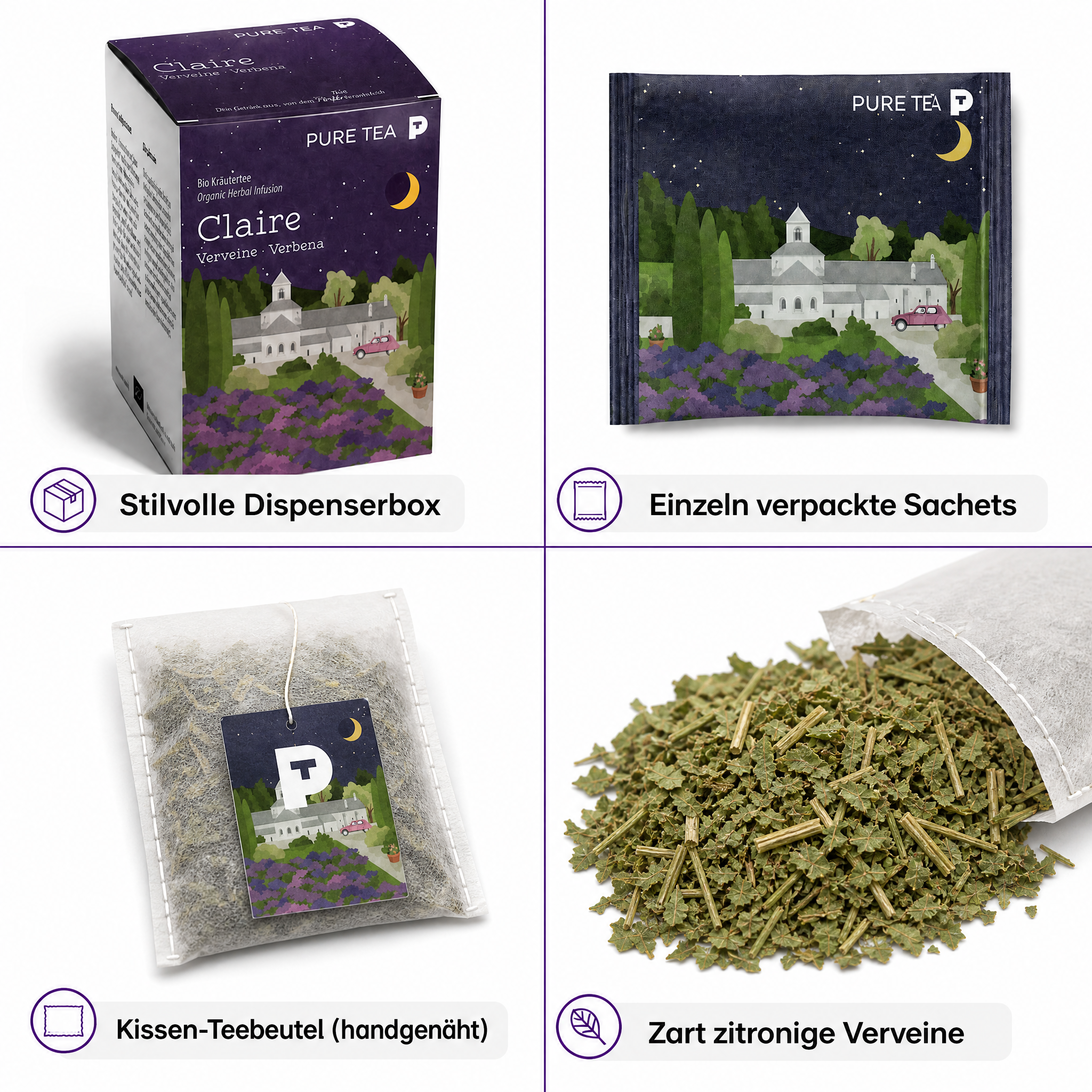 PURE TEA Zitronenverbene Tee Claire Verveine, Bio Kräutertee im handgenähten Kissen-Teebeutel, 15 x 1,5 g, zart zitroniger Geschmack, Dispenserbox 12 x 9 x 9 cm