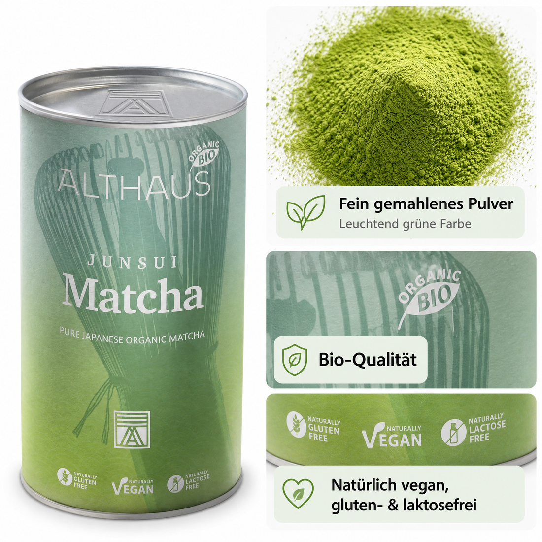 ALTHAUS Junsui Matcha – Japanisches Matcha Pulver, Top-Qualität, reiner japanischer Matcha-Tee, fein gemahlen, leuchtend grün, 150 g in der Dose, vegan, glutenfrei, laktosefrei