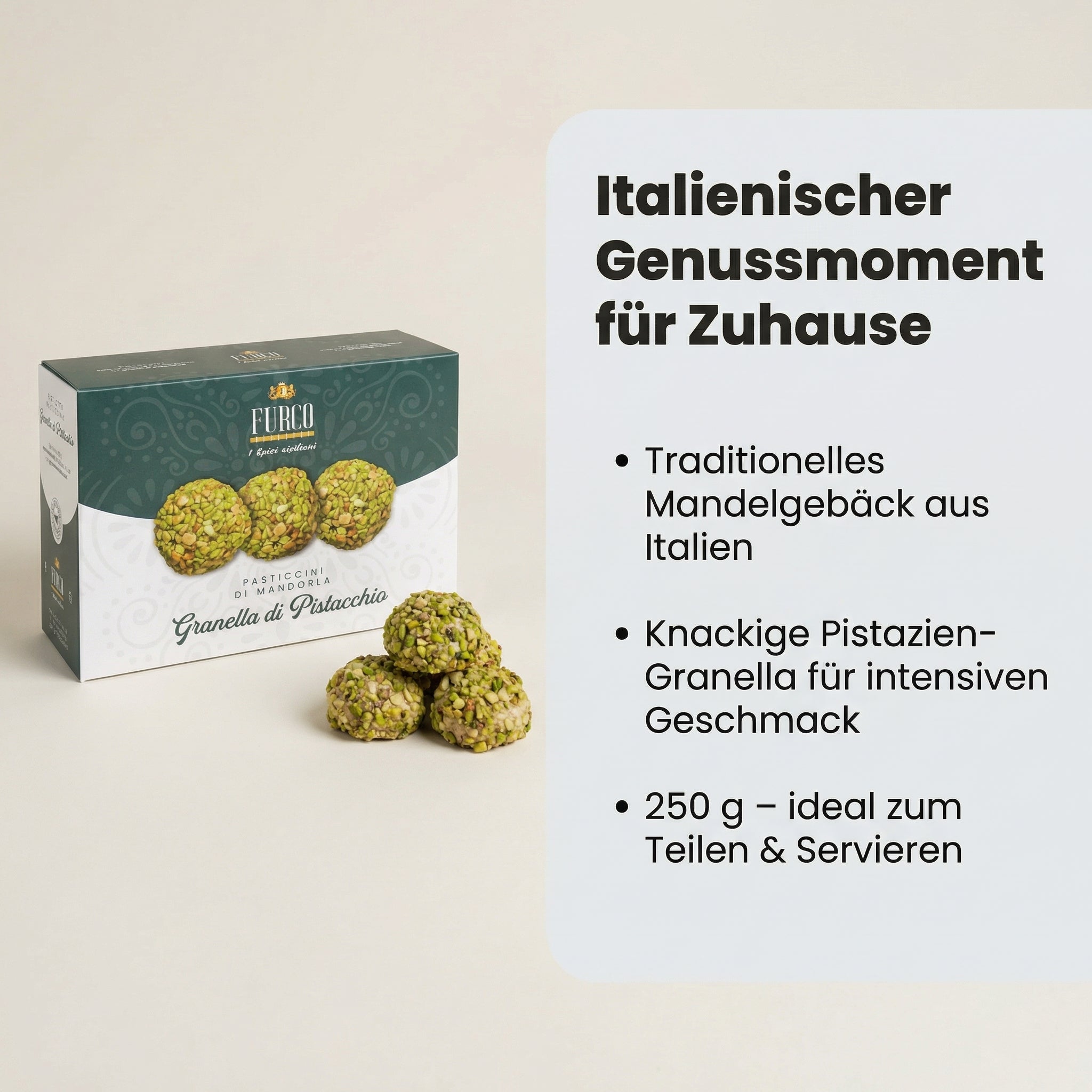 FURCO Pasticcini di Mandorla, italienisches Mandelgebäck mit Pistazien-Granella, sizilianisches Mandelgebäck für Espresso & Kaffee, Pistaziengebäck in Box, 250 g