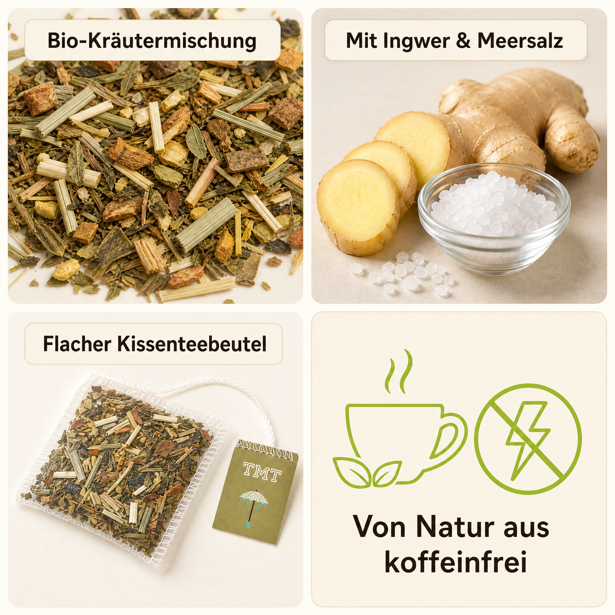 TTRINK MEER TEE REIZKLIMA Bio Kräutertee, mit Meersalz und Ingwer, vegan, glutenfrei, laktosefrei, handgenähte Kissenteebeutel, maritimes Design