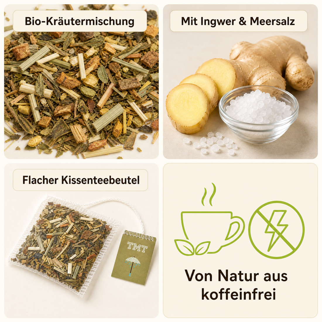 TTRINK MEER TEE REIZKLIMA Bio Kräutertee, mit Meersalz und Ingwer, vegan, glutenfrei, laktosefrei, handgenähte Kissenteebeutel, maritimes Design