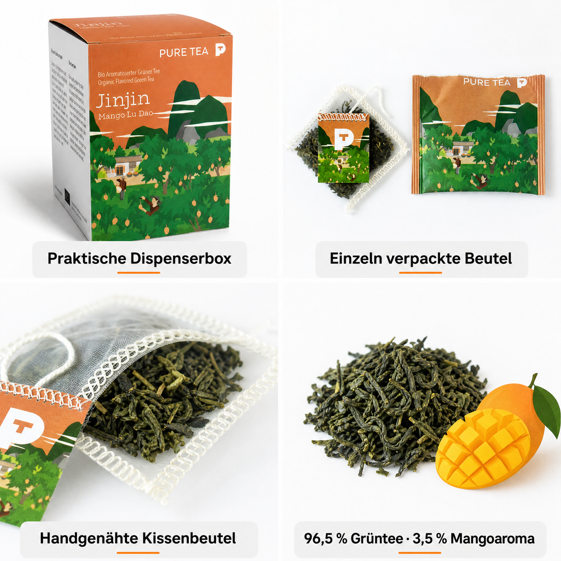PURE TEA Jinjin Bio Grüner Tee Mango Lu Dao, aromatisierter Grüntee in flachen Kissenbeuteln, 15 x 3 g, einzeln verpackt, Dispenserbox 12 x 9 x 9 cm, glutenfrei, mittlerer Koffeingehalt