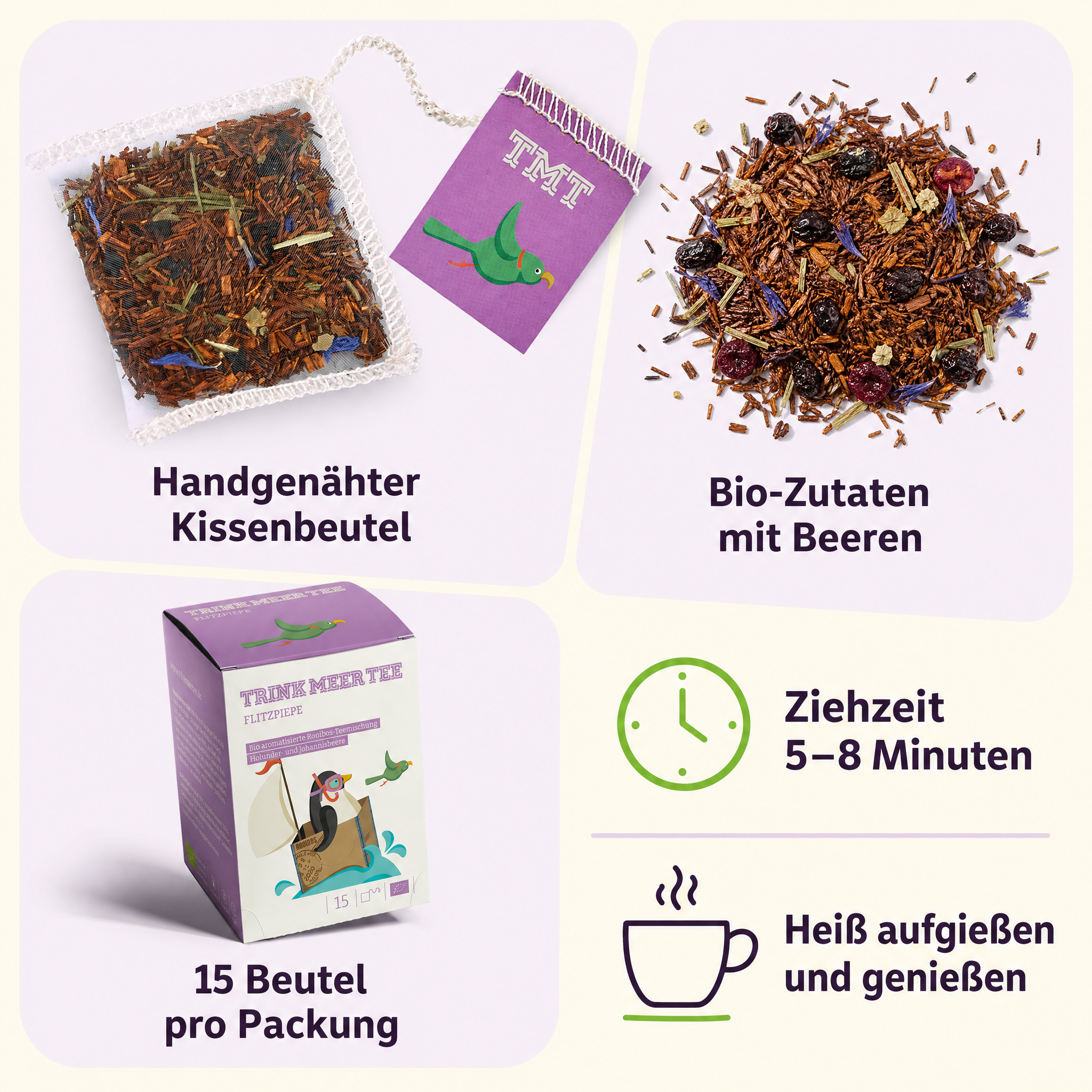 Trink Meer Tee Flitzpiepe, Bio Rooibos Tee, 15 Kissenbeutel, Koffeinfreier Premium Früchtetee mit Holunder und Johannisbeere – vegan, glutenfrei, laktosefrei, für jeden Moment