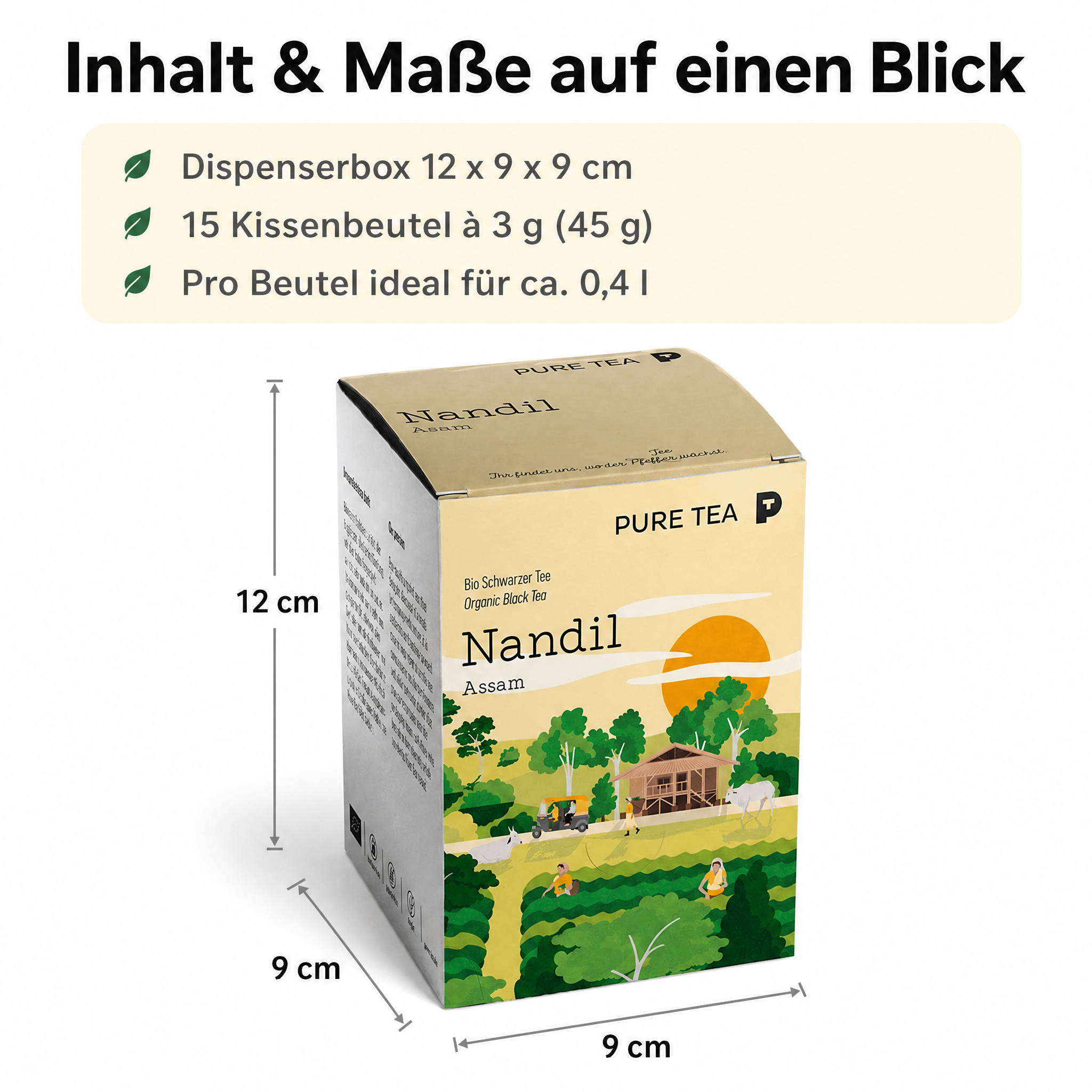 Pure Tea Nandil Bio Schwarzer Tee Assam, 15 Kissenbeutel à 3 g, Kräftiger, malzig-würziger Assam-Schwarztee in einzeln verpackten Kissen-Teebeuteln