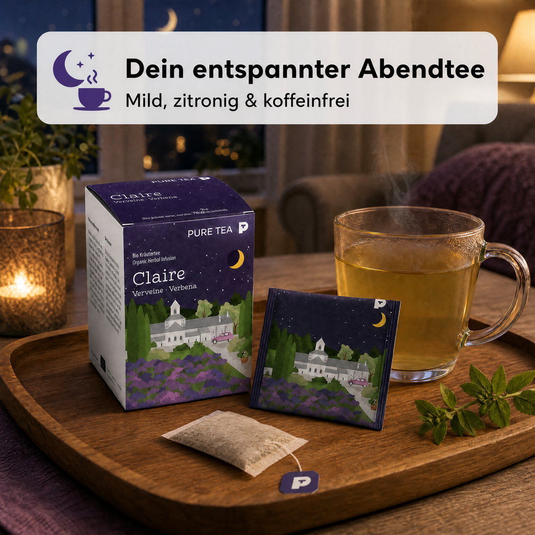 PURE TEA Zitronenverbene Tee Claire Verveine, Bio Kräutertee im handgenähten Kissen-Teebeutel, 15 x 1,5 g, zart zitroniger Geschmack, Dispenserbox 12 x 9 x 9 cm