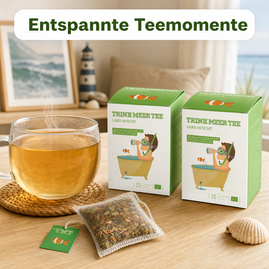Trink Meer Tee Bio Kräutertee Mandarine Vanille, 15 Kissenbeutel, Fruchtiger Premium Früchtetee mit Sanddorn, Fenchel & Melisse – handgenähte Kissenbeutel