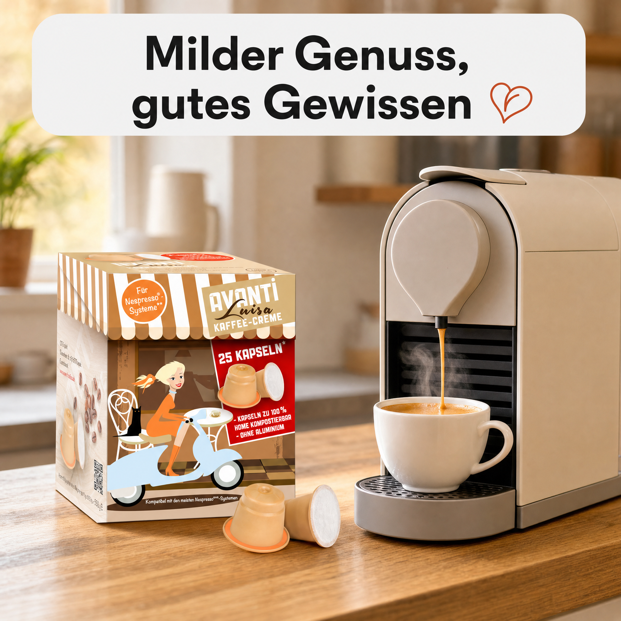 AVANTI Kapseln Luisa – kompatibel mit Nespresso Kaffeekapseln, 25 Stück, 90% Arabica 10% Robusta, säurearm und mild, ohne Aluminium, 100% home‑kompostierbar, 6 g pro Kapsel, dichte Crema