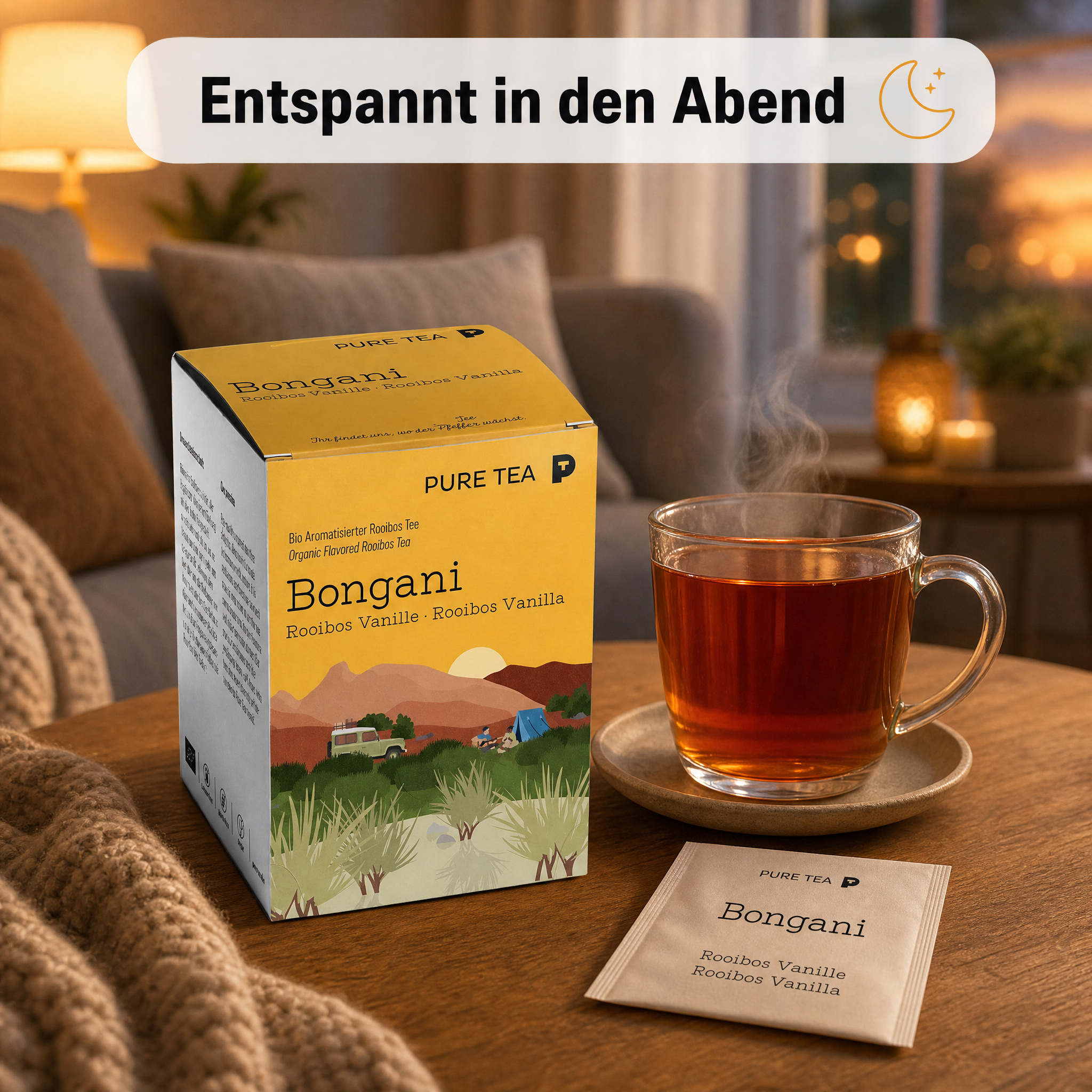 PURE TEA Rooibos Tee Bongani Vanille, aromatisierter Rotbuschtee, Bio, 15 Kissenbeutel à 3 g (45 g), koffeinfrei, flache handgenähte Beutel, Dispenserbox 12 × 9 × 9 cm