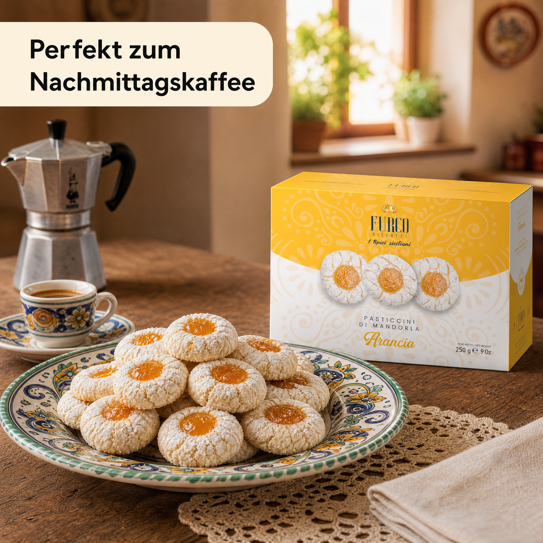 Furco Mandelgebäck Pasticcini di Mandorla Arancia, Italienische Kekse mit Orange, Sizilianisches Gebäck in Geschenkbox, Amarettini, Hergestellt in Italien, 250 g