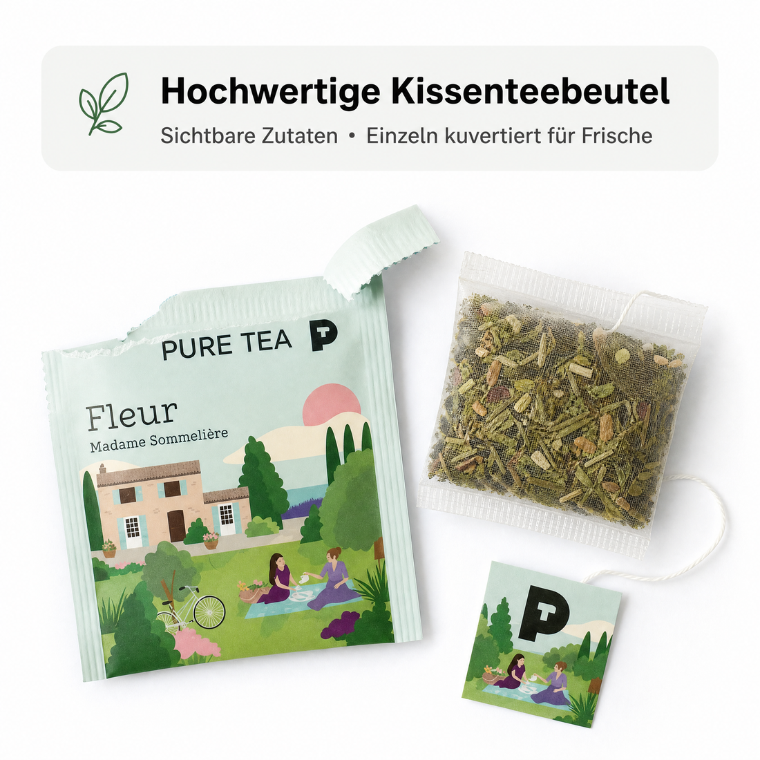 Pure Tea Bio Tee Geschenkset FLEUR Auswahlbox, Premium Tee Set als Probierbox mit Grüntee, Schwarztee, Kräutertee und Früchtetee, handgenähte Kissen-Teebeutel, einzeln verpackt, geschenkfähige Box