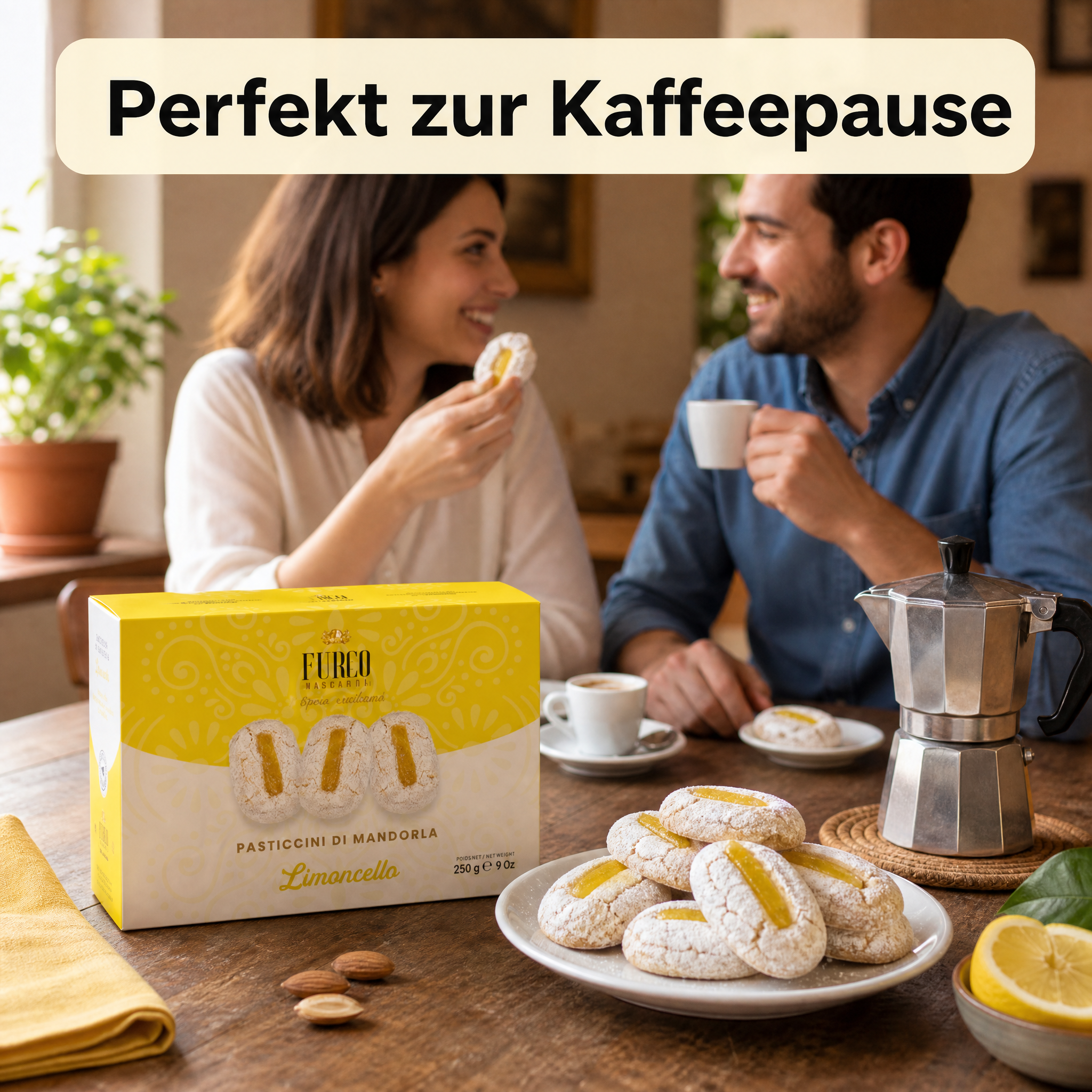 Furco Kekse Pasticcini di Mandorla Limoncello, italienische Mandelgebäck-Spezialität mit Zitrone und Puderzucker, weiches sizilianisches Gebäck in gelb‑weißer Geschenkbox, 250 g