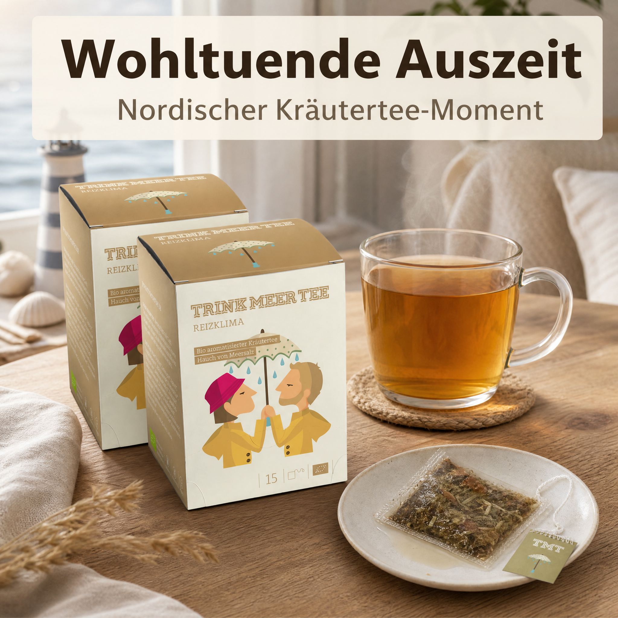 TTRINK MEER TEE REIZKLIMA Bio Kräutertee, mit Meersalz und Ingwer, vegan, glutenfrei, laktosefrei, handgenähte Kissenteebeutel, maritimes Design
