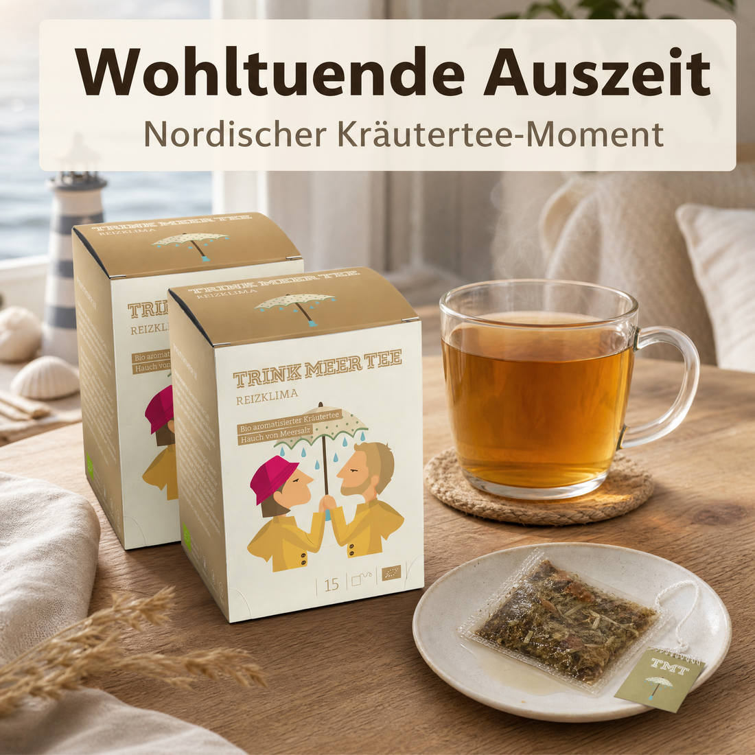 TTRINK MEER TEE REIZKLIMA Bio Kräutertee, mit Meersalz und Ingwer, vegan, glutenfrei, laktosefrei, handgenähte Kissenteebeutel, maritimes Design