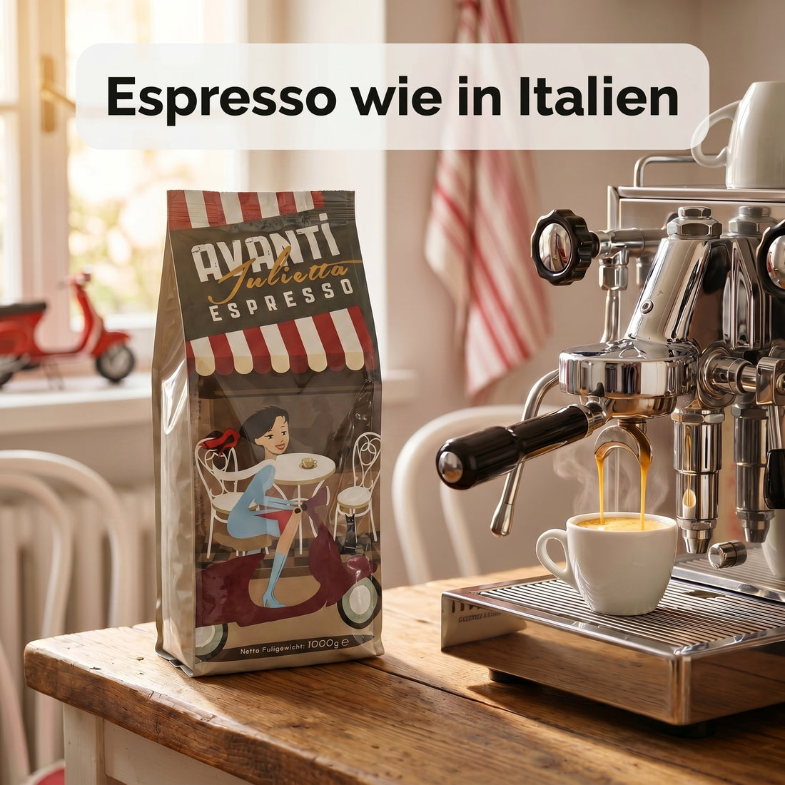AVANTI Espresso Bohnen Julietta, Espressobohnen 1kg – säurearm, Medium Dark Roast, Trommelröstung, 70% Arabica 30% Robusta, geröstet in Italien, ganze Kaffeebohnen mit dichter Crema