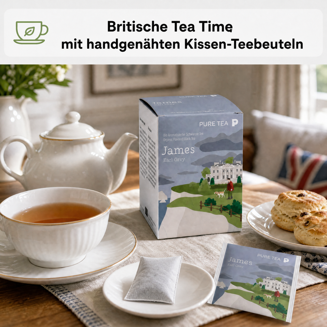 Pure Tea James Earl Grey Teebeutel, Bio-Schwarztee mit Bergamotte, aromatisierter schwarzer Tee im Kissenbeutel, einzeln verpackt in eleganter Dispenserbox, britischer Afternoon-Tea-Genuss